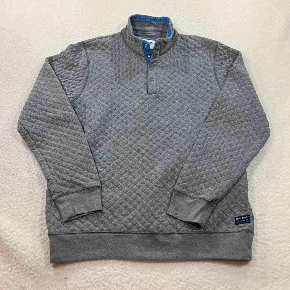 Old Navy Pullover Mens Large Gray Quilted 1/4 Snap Mock Neck Heathered